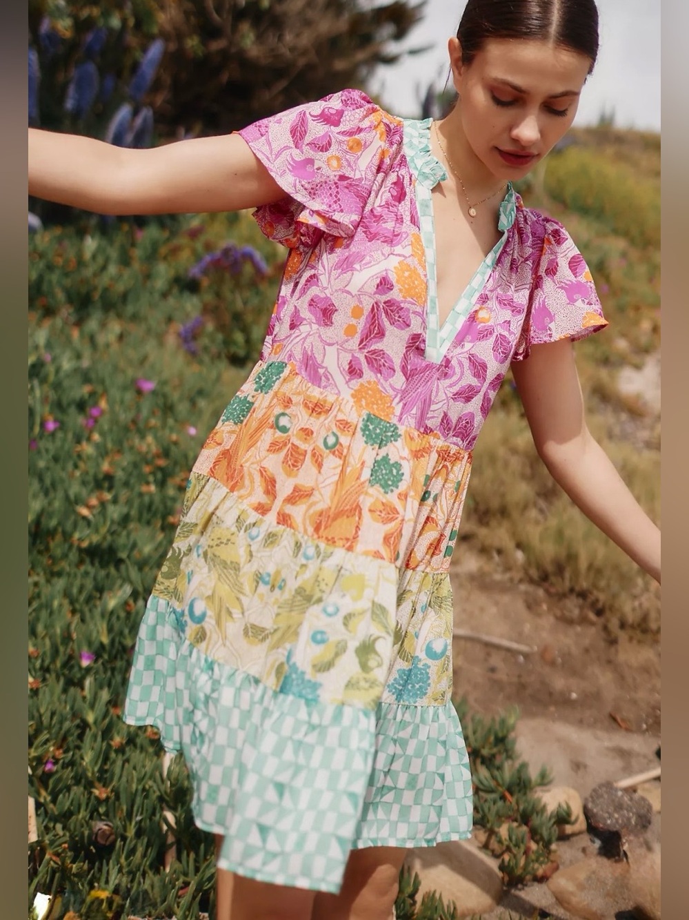 Anthropologie Ellen Merchant Tiered Flutter-Sleeve mini Dress plus size